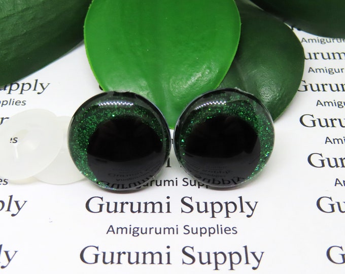 23mm Clear Safety Eyes with Green Glitter Non-Woven Slip Iris, Black OC Pupil and Washers: 1 Pair - Amigurumi / Off Center / Round