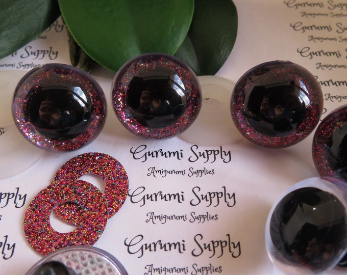 24mm Clear Round Plastic Safety Eyes with a Red Sparkle Glitter Non-Woven Slip Iris, Black Pupil and Washers:  2 Count/1 Pair Amigurumi Eyes