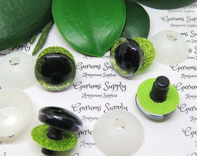 20mm Clear Trapezoid Safety Eyes withYellow Green Glitter Non-Woven Slips Iris and Washers: 1 Pair - Dolls / Amigurumi / Animal Eyes / Craft