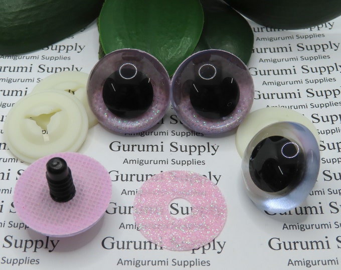 30mm Clear Round Plastic Safety Eyes with a Light Pink Glitter Non-Woven Slip Iris and Washers: 1 Pair - Amigurumi Suppies / Crochet / Knit