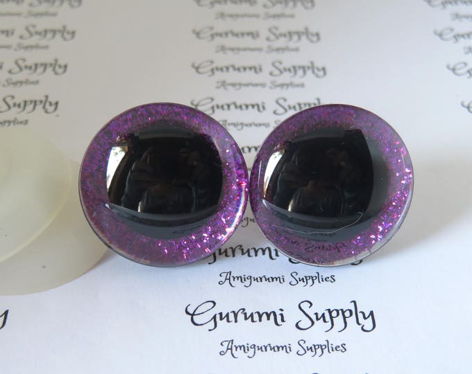 24mm Clear Trapezoid Safety Eyes with a Purple Glitter Non-Woven Slip Iris and Washers: 1 Pair - Dolls / Amigurumi / Animal / Crochet / Knit