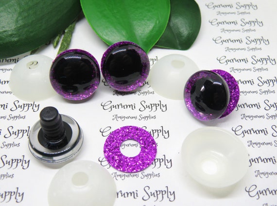 20mm Clear Round Safety Eyes With a Red Sparkle Glitter Non-woven Slip  Iris, Black Pupil and Washers: 1 Pair Amigurumi / Animal / Dolls 