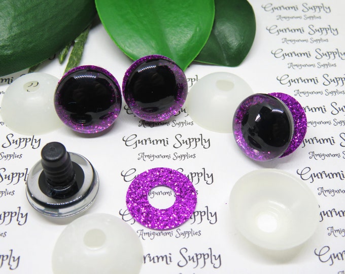 20mm Clear Trapezoid Plastic Safety Eyes with a Purple Glitter Non-Woven Slip Iris and Washers: 1 Pair - Dolls / Amigurumi / Animal / Toys