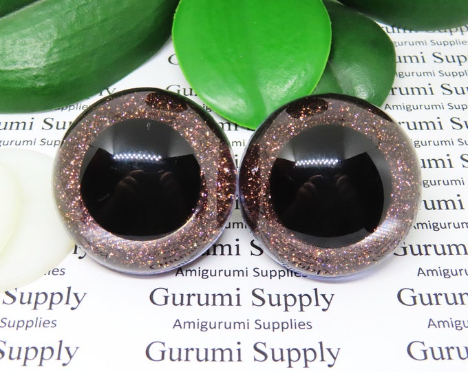 40mm Clear Round Safety Eyes with Brown Glitter Non-Woven Slip Iris, Black Pupil and Washers: 1 Pair - Dolls / Amigurumi / Animal / Crochet