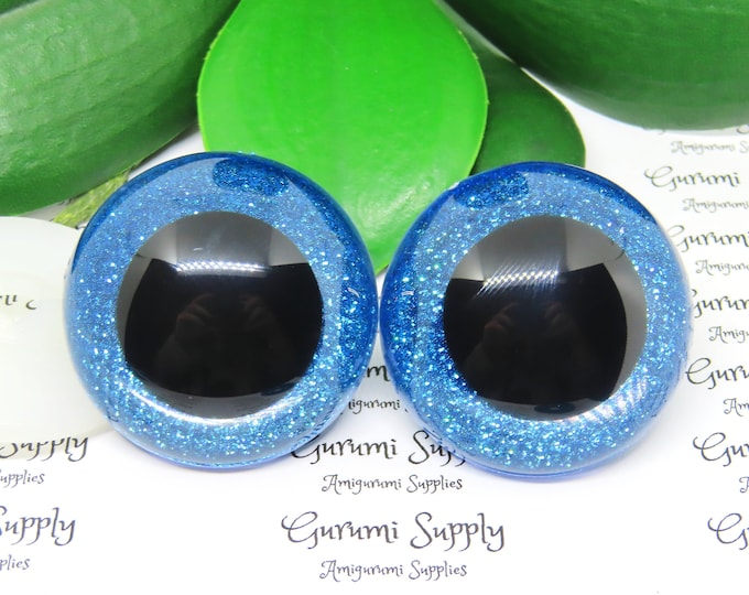 40mm Clear Round Safety Eyes with Blue Glitter Non-Woven Slip Iris, Black Pupil and Washers: 1 Pair - Dolls / Amigurumi / Animal / Crochet