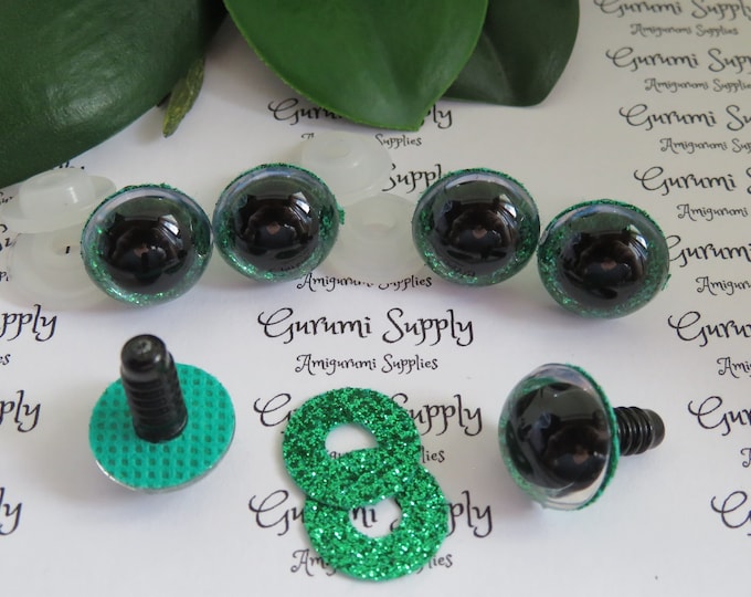 16mm Clear Round Safety Eyes with a Green Glitter Non-Woven Slip Iris, Black Pupil and Washers: 1 Pair - Dolls/Amigurumi/Animals/Craft/Knit