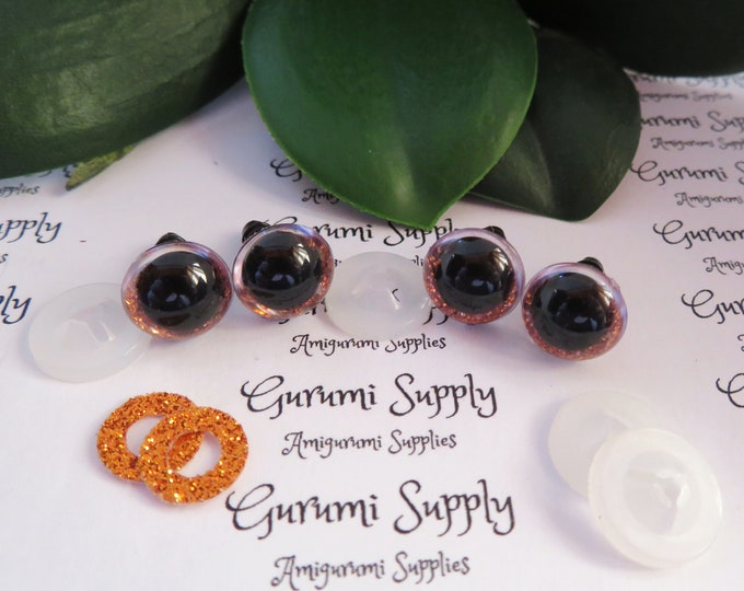 12mm Clear Round Plastic Safety Eyes with a Orange Glitter Non-Woven Slip Iris and Washers: 2 Pairs - Dolls / Amigurumi / Animal / Crochet