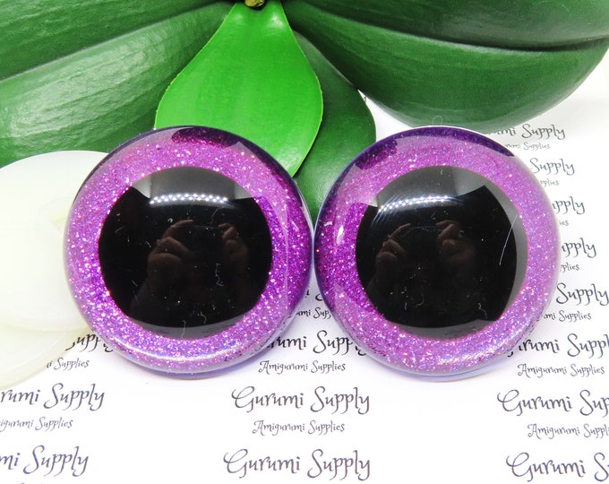 50mm Clear Round Safety Eyes with Hot Pink Glitter Non-Woven Slip Iris Black Pupil and Washers: 1 Pair - Doll / Amigurumi / Animal / Crochet