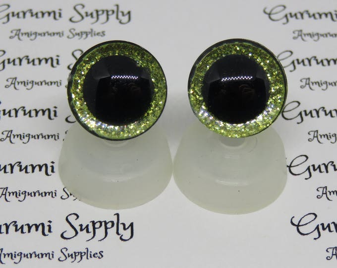 16mm Clear Trapezoid Plastic Safety Eyes with a Yellow Green Glitter Non-Woven Slip Iris and Washers: 1 Pair - Amigurumi / Animal / Doll