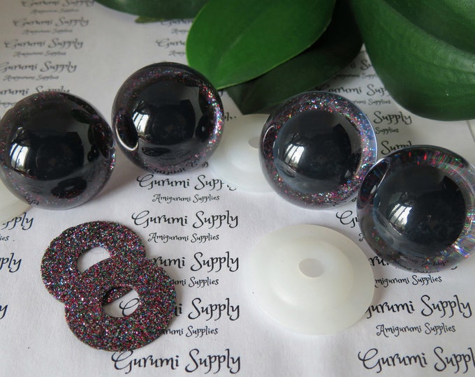 30mm Clear Round Plastic Safety Eyes with a Dark Sparkle Glitter Non-Woven Slip Iris, Black Iris and Washers: 1 Pair - Amigurumi / Toys