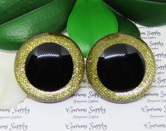 50mm Clear Round Safety Eyes with Gold Glitter Non-Woven Slip Iris, Black Pupil and Washers: 1 Pair - Dolls / Amigurumi / Animal / Crochet