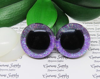 40mm ClearTrapezoid Plastic Safety Eyes with a Purple Frost Glitter Non-Woven Slip Iris and Washers: 1 Pair - Amigurumi / 3D / Toys / Crafts