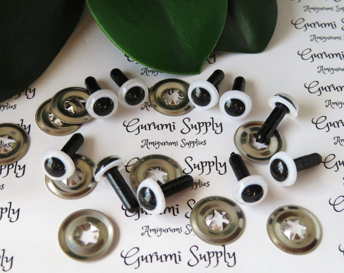 9mm White Iris Black Pupil Round Safety Eyes and Washers: 5 Pairs - Dolls/Amigurumi/Animals/ Stuffed Creations/Crochet/Paintfree