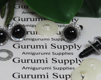 Ojos de seguridad de plástico transparente redondos de 10 mm con iris deslizante no tejido con purpurina plateada y arandelas: 2 pares - Muñecas / Amigurumi / Animales / Juguetes