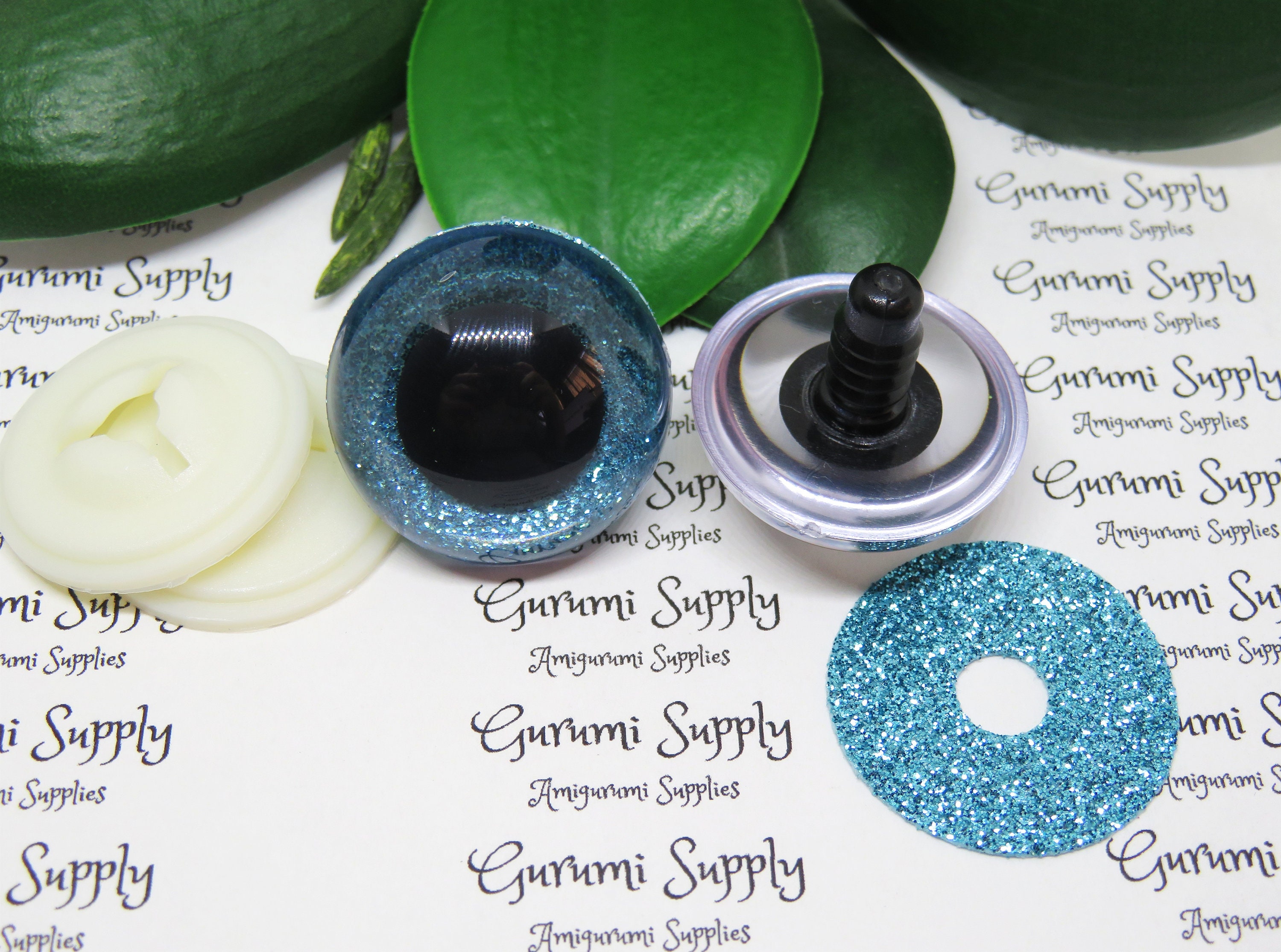 30mm Clear Round Safety Eyes with Blue Ice Glitter Non-Woven Slip Iris,  Black Pupil and Washers: 1 Pair - Doll / Amigurumi / Animal /Crochet