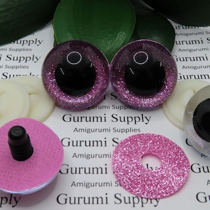 30mm Clear Safety Eyes with a Pink Glitter Slip and Black Iris with Washers: 1 Pair - Amigurumi / Animal / Stuffed Creation / Toy / Round