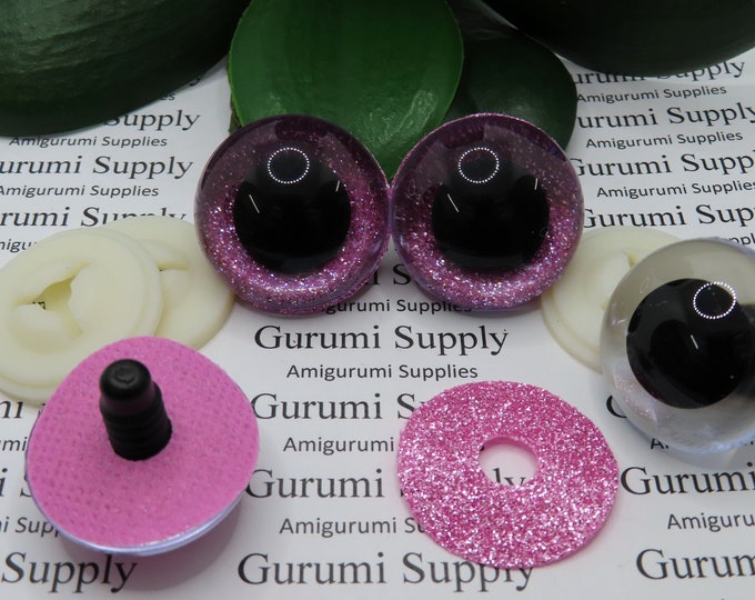 30mm Clear Safety Eyes with a Pink Glitter Slip and Black Iris with Washers: 1 Pair - Amigurumi / Animal / Stuffed Creation / Toy / Round