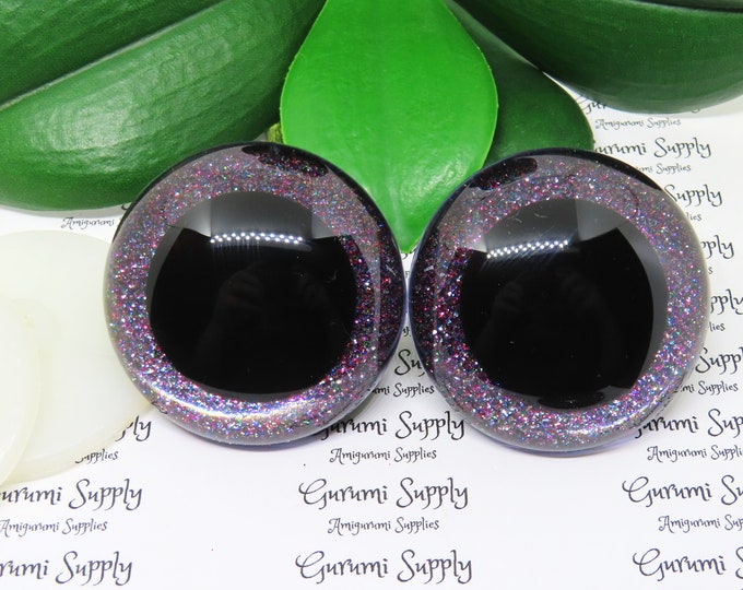 50mm Clear Round Safety Eyes with Dark Sparkle Glitter Non-Woven Slip Iris, Black Pupil and Washers: 1 Pair - Dolls / Amigurumi / Animal