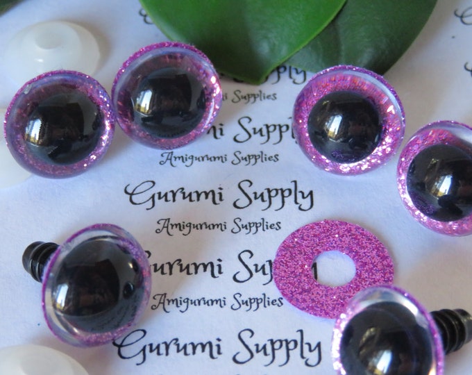 16mm Clear Round Safety Eyes with Hot Pink Glitter Non-Woven Slip Iris, Black Pupil and Washers: 1 Pair - Dolls/Amigurumi/Animals/Crochet