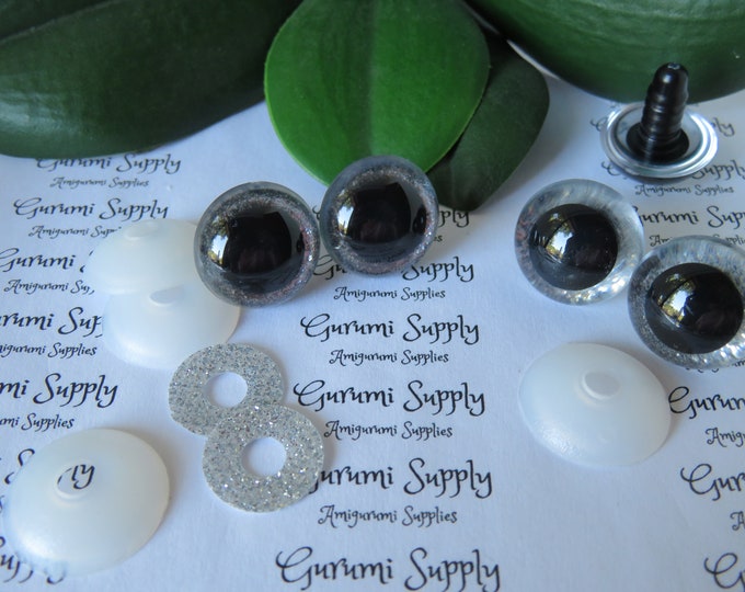 20mm Clear Round Safety Eyes with a Silver Glitter Non-Woven Slip Iris, Black Pupil and Washers: 1 Pair - Doll / Amigurumi / Animal / Toy
