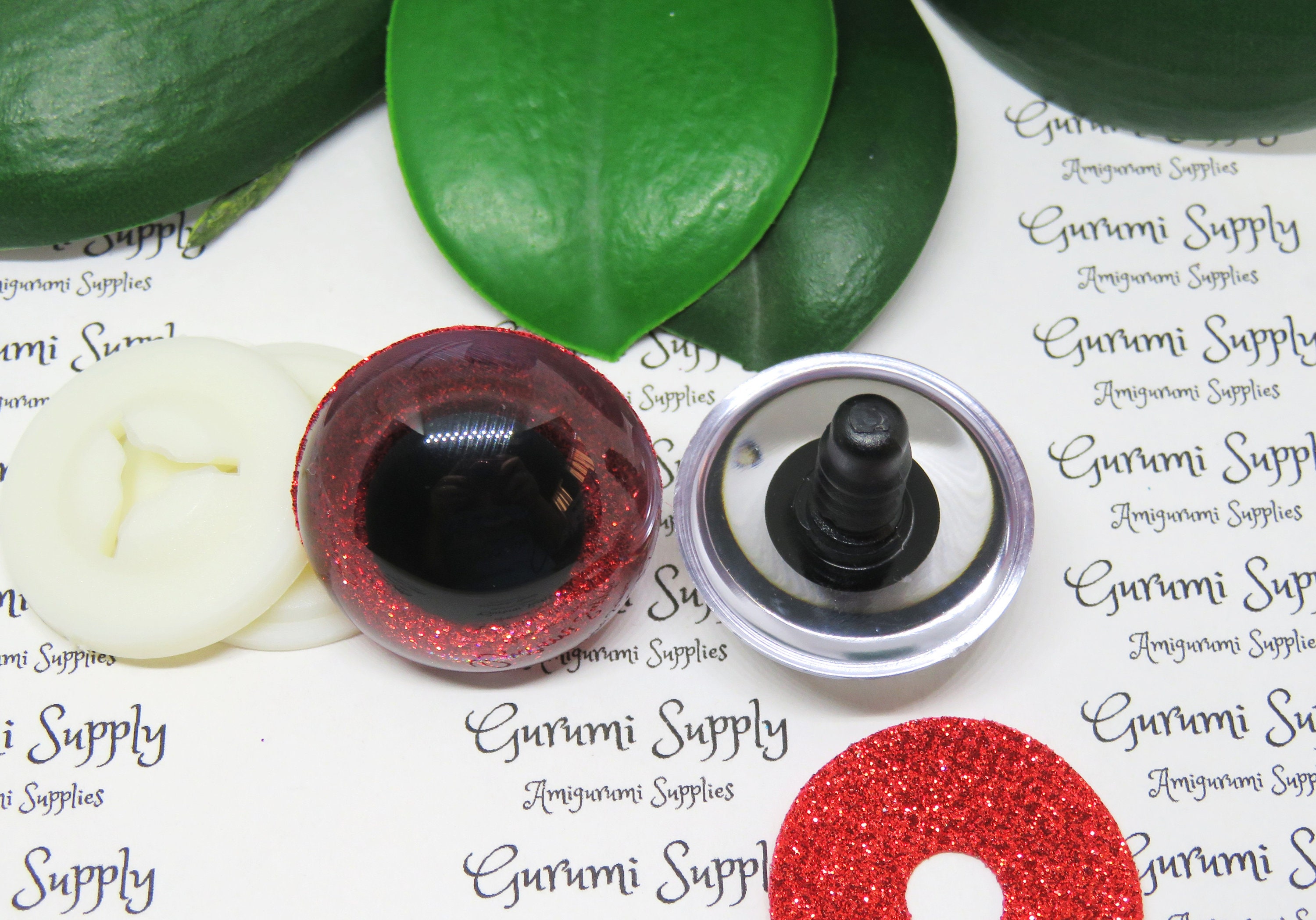 20mm Clear Round Safety Eyes With a Red Sparkle Glitter Non-woven Slip  Iris, Black Pupil and Washers: 1 Pair Amigurumi / Animal / Dolls 