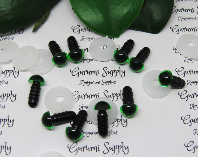 8mm Transparent Green Iris Black Pupil Round Safety Eyes and Washers: 5 Pairs - Doll / Amigurumi / Animal / Supplies / Crochet / Paintfree