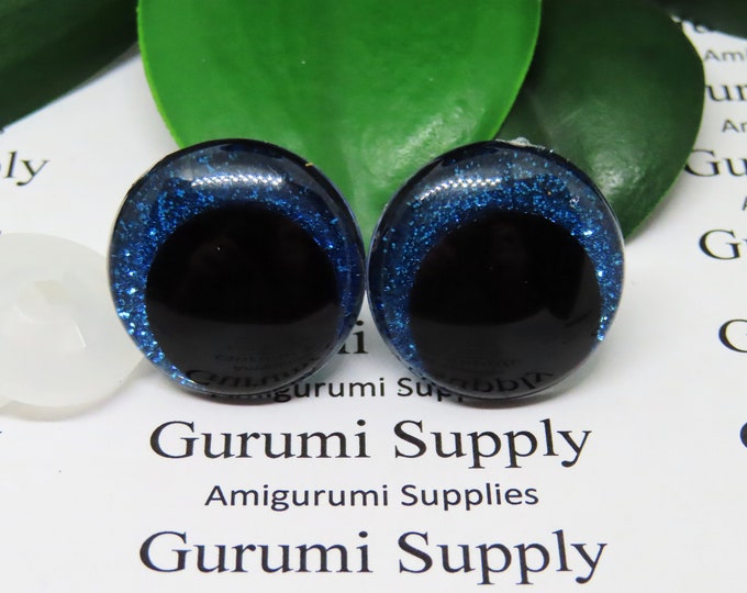 23mm Clear Safety Eyes with Blue Glitter Non-Woven Slip Iris, Black OC Pupil and Washers: 1 Pair - Amigurumi / Off Center / Round