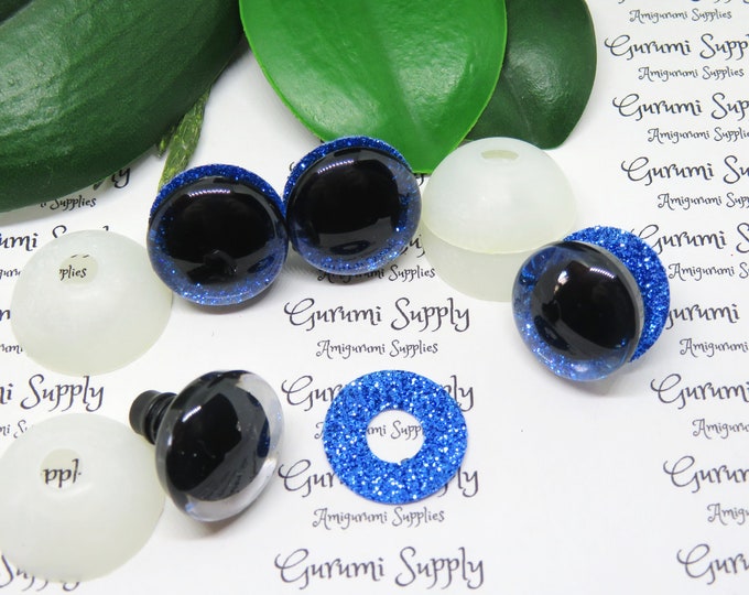 20mm Clear Trapezoid Plastic Safety Eyes with a Dark Blue Glitter Non-Woven Slip Iris and Washers: 1 Pairs - Dolls / Amigurumi / Animal