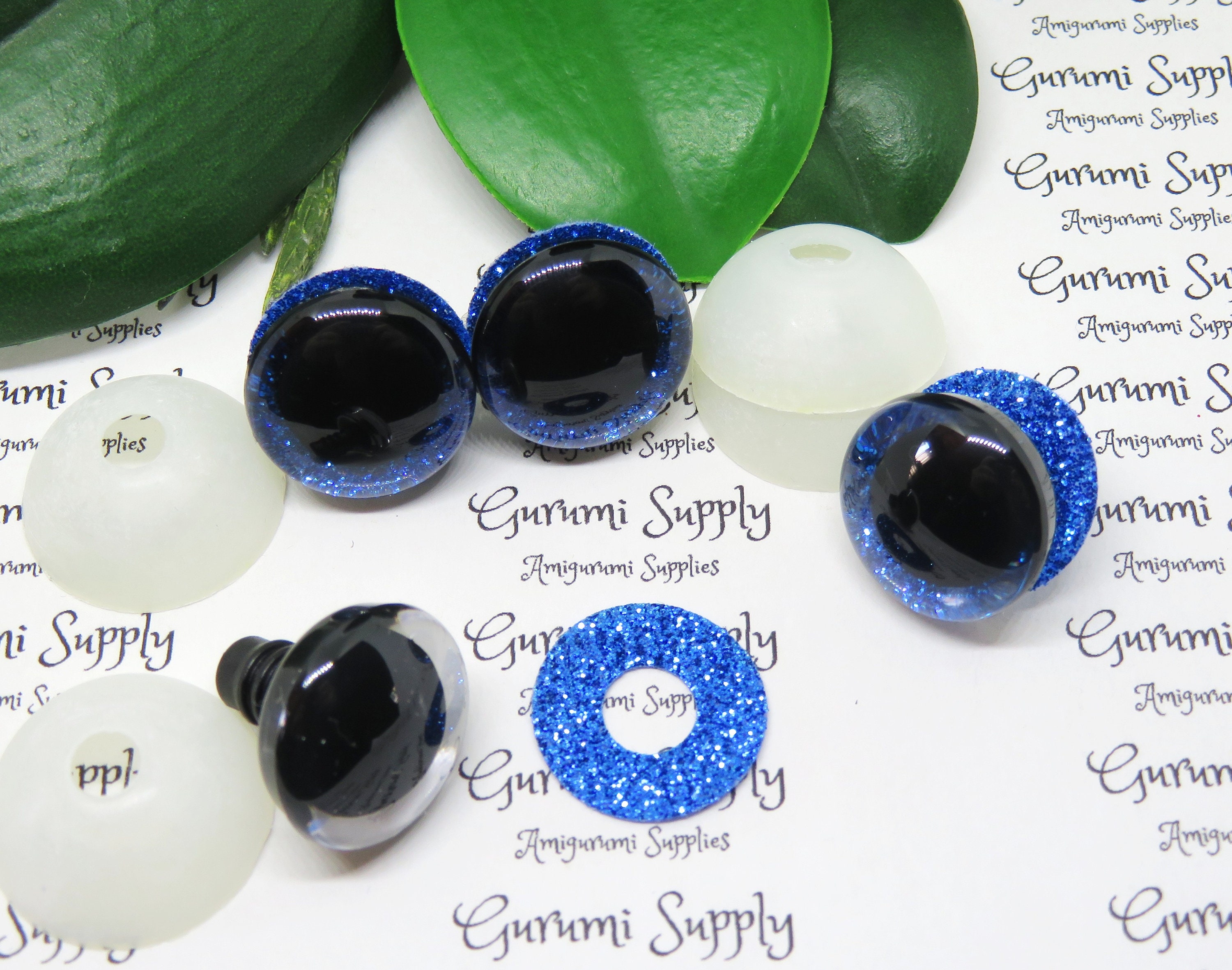 30mm Clear Round Safety Eyes with Blue Ice Glitter Non-Woven Slip Iris,  Black Pupil and Washers: 1 Pair - Doll / Amigurumi / Animal /Crochet