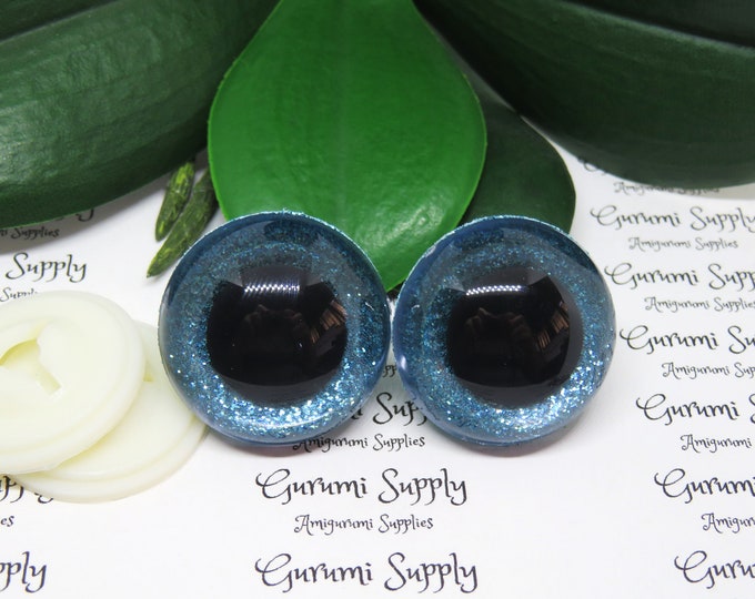 30mm Clear Round Safety Eyes with Light Blue Glitter Non-Woven Slip Iris, Black Pupil and Washers: 1 Pair - Doll / Amigurumi / Animal Eyes