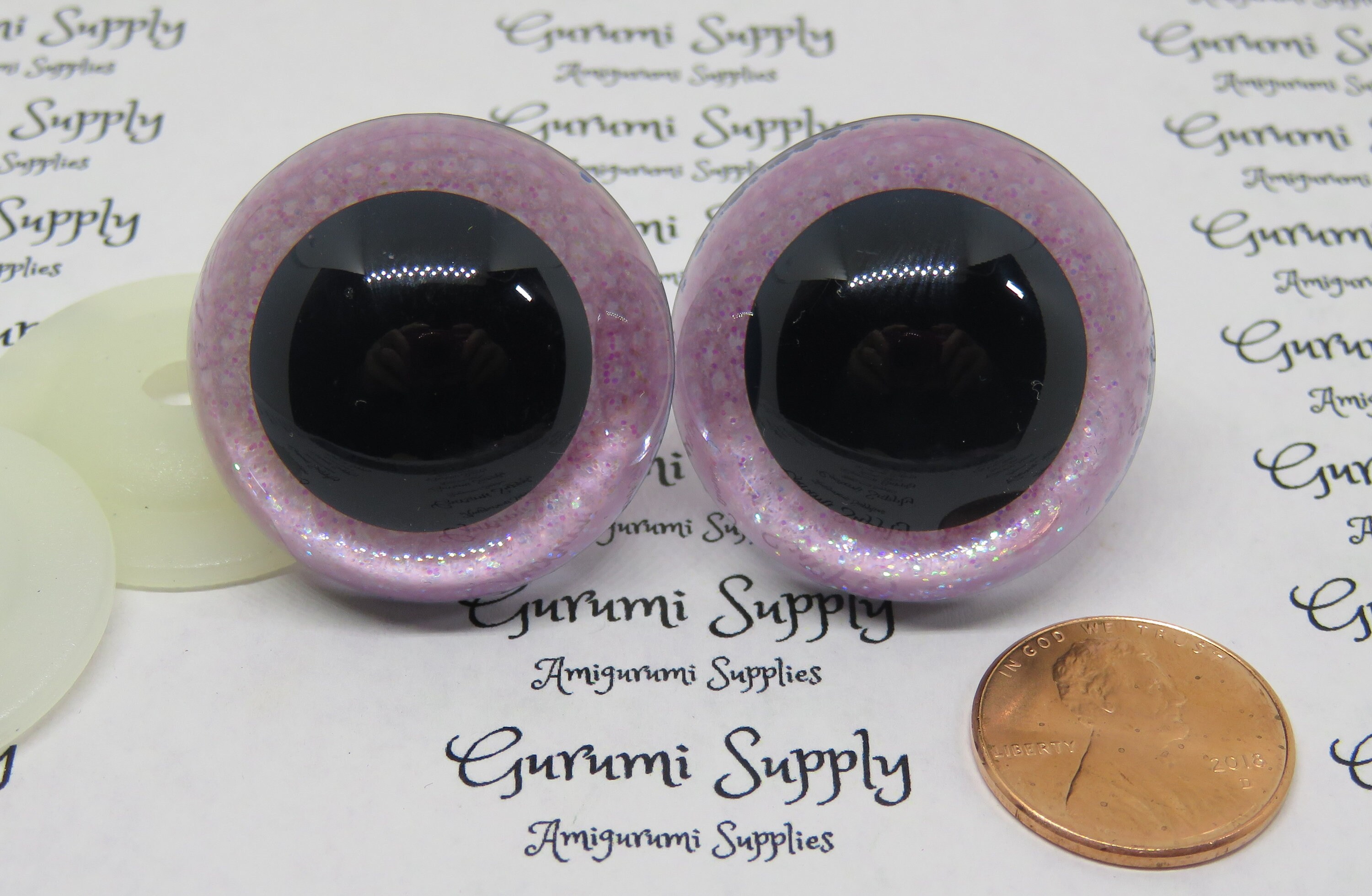 30mm Clear Round Plastic Safety Eyes with a Light Pink Glitter Non