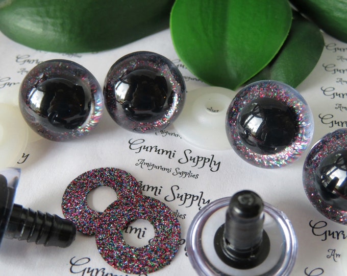 24mm Clear Round Plastic Safety Eyes with a Dark Sparkle Glitter Non-Woven Slip Iris, Black Pupil and Washers: 1 Pair Amigurumi / Supplies