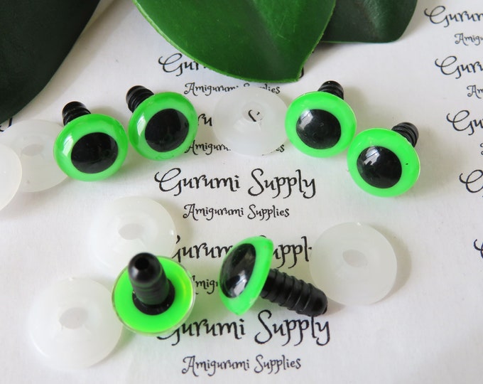 12mm Neon Green Iris Black Pupil Round Safety Eyes and Washers: 3 Pairs - Dolls/Amigurumi/Animals/ Stuffed Creations/Crochet/Paintfree