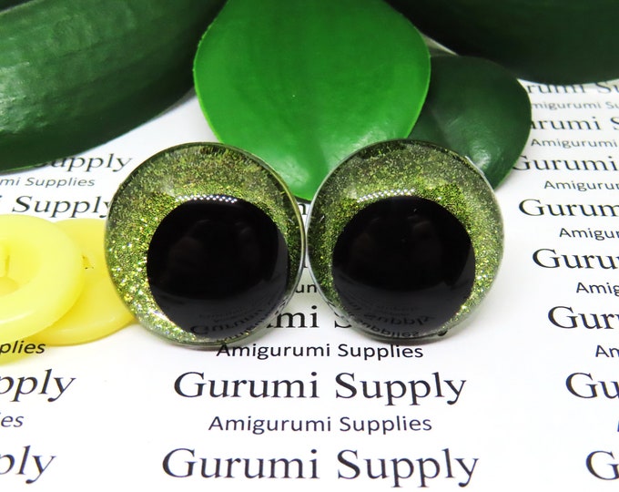 28mm Clear Safety Eyes with Yellow Green Glitter Non-Woven Slip Iris, Black OC Pupil and Washers: 1 Pair - Amigurumi / Off Center / Round