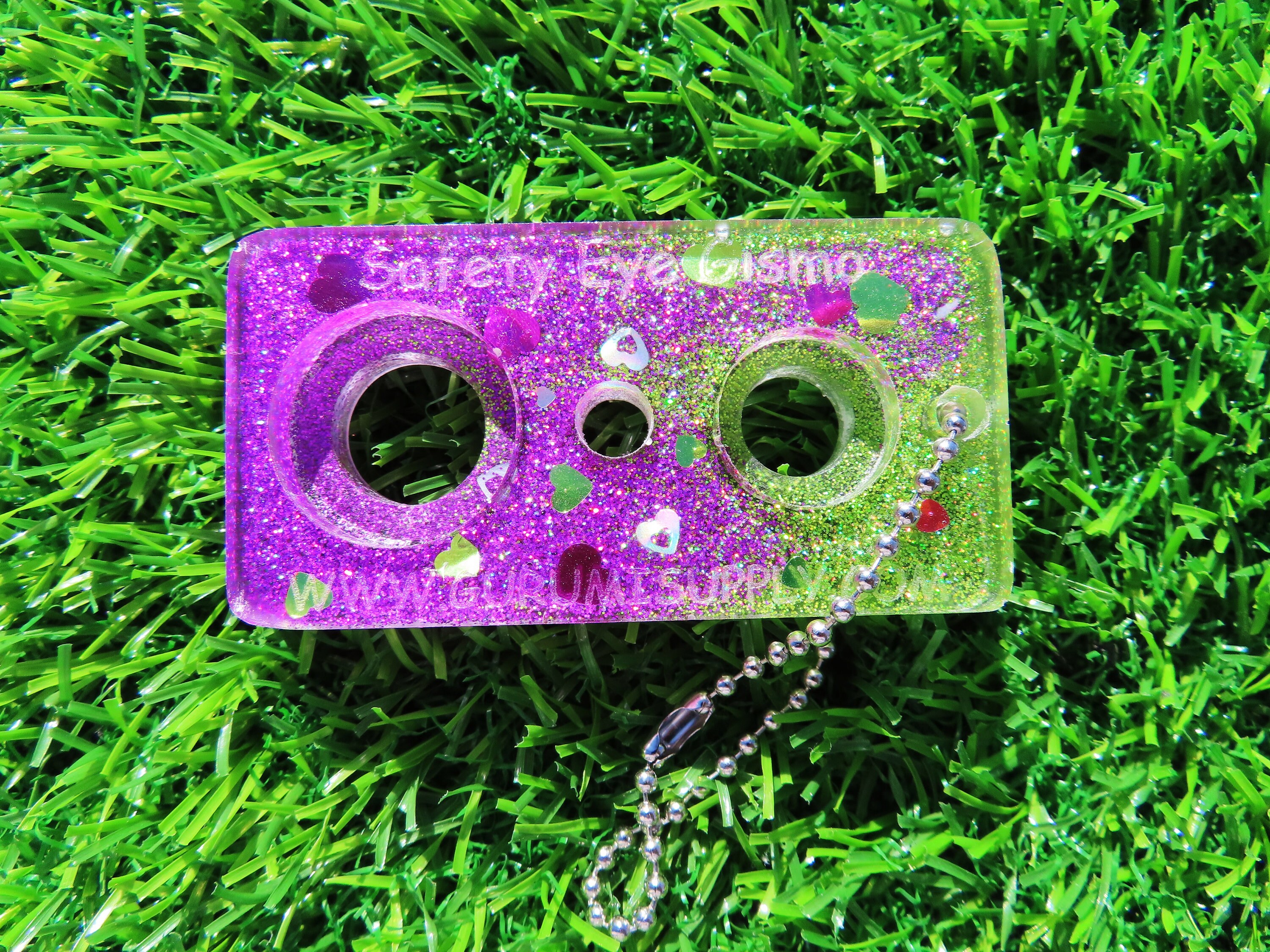 Safety Eye Gismo Purple Lime Green Glitter with Hearts Keychain