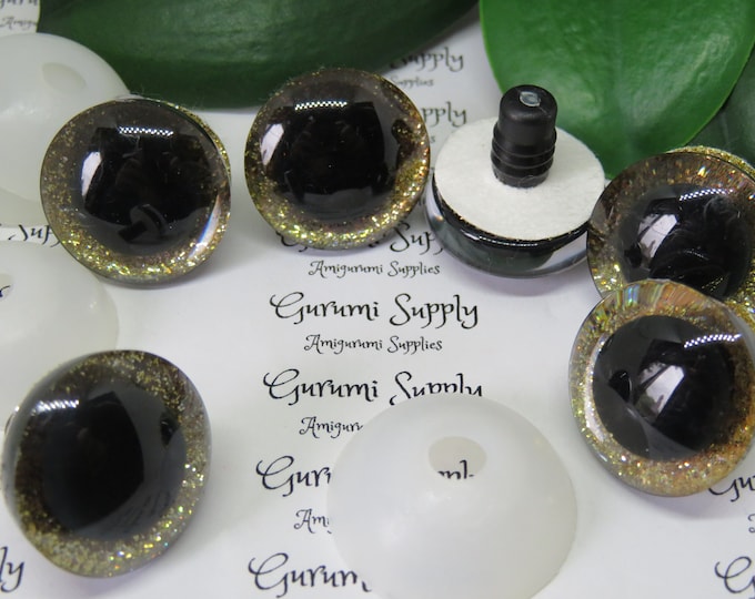 24mm Clear Trapezoid Safety Eyes with a Gold Glitter Slip Iris, Black Iris and Washers: 1 Pair - Doll / Amigurumi / Animal / Creation / Toy