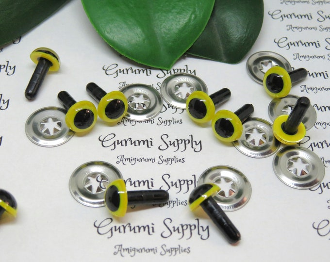 9mm Yellow Iris Black Pupil Round Safety Eyes and Washers: 5 Pairs - Dolls/Amigurumi/Animals/ Stuffed Creations/Crochet/Paintfree/Supplies