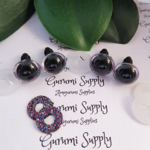 12mm Clear Round Plastic Safety Eyes with a Dark Sparkle Glitter Non-Woven Slip Iris and Washers: 2 Pairs - Dolls/Amigurumi/Animal/Crochet