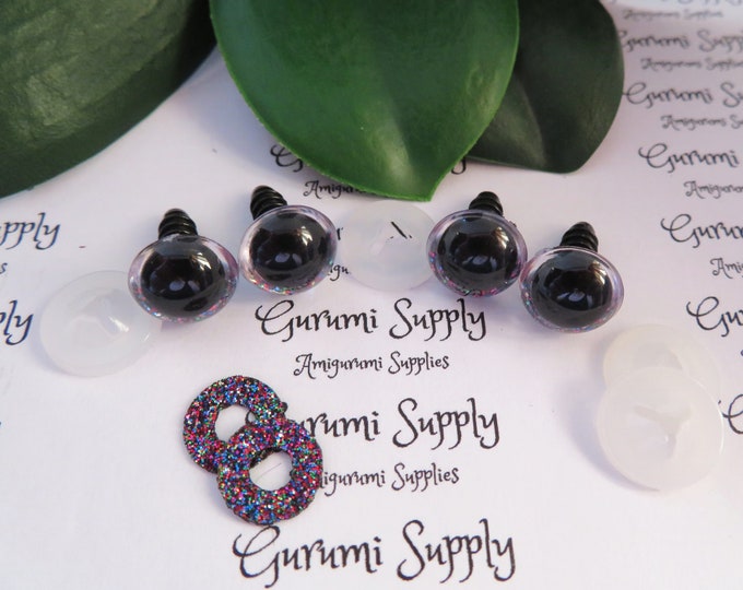 12mm Clear Round Plastic Safety Eyes with a Dark Sparkle Glitter Non-Woven Slip Iris and Washers: 2 Pairs - Dolls/Amigurumi/Animal/Crochet