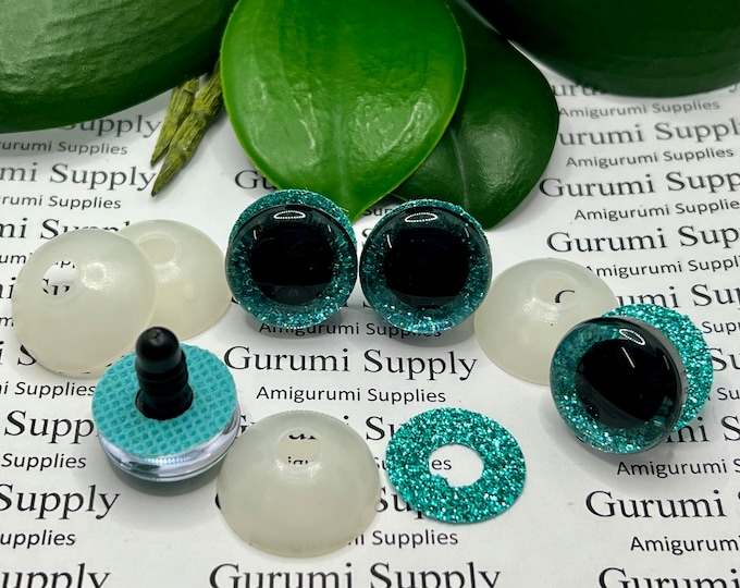 20mm Clear Trapezoid Plastic Safety Eyes with Teal Glitter Non-Woven Slip Iris, Black Iris and Washers: 1 Pair - Amigurumi / Animal Eye