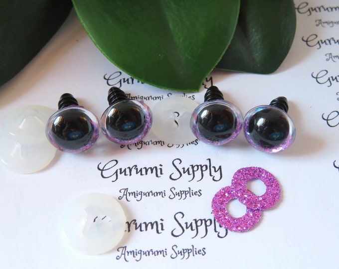 12mm Clear Round Plastic Safety Eyes with a Hot Pink Glitter Non-Woven Slip Iris and Washers: 2 Pairs - Dolls/Amigurumi/Animal/Crochet