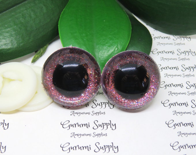 30mm Clear Safety Eyes with a Red Sparkle Glitter Slip and Black Iris with Washers: 1 Pair -Amigurumi / Animal / Creation / Crochet / Knit