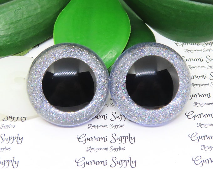 40mm Clear Round Safety Eyes with Silver Glitter Non-Woven Slip Iris, Black Pupil and Washers: 1 Pair - Dolls / Amigurumi / Animal / Crochet