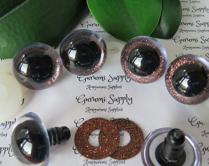 24mm Clear Round Plastic Safety Eyes with a Brown Glitter Non-Woven Slip Iris, Black Pupil and Washers: 1 Pair Amigurumi Eyes / Animal Eyes