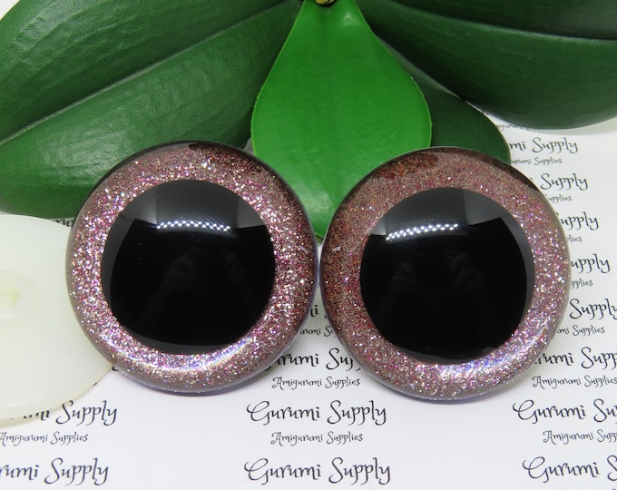 50mm Clear Round Safety Eyes with Rose Gold Glitter Non-Woven Slip Iris, Black Pupil and Washers: 1 Pair - Dolls / Amigurumi / Animal / Toy