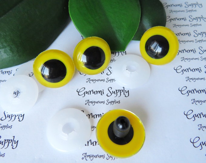 20mm Yellow Iris Black Pupil Round Safety Eyes and Washers: 1 Pair - Doll / Amigurumi / Animal / Crochet / Paintfree / Knit / Toys / PF