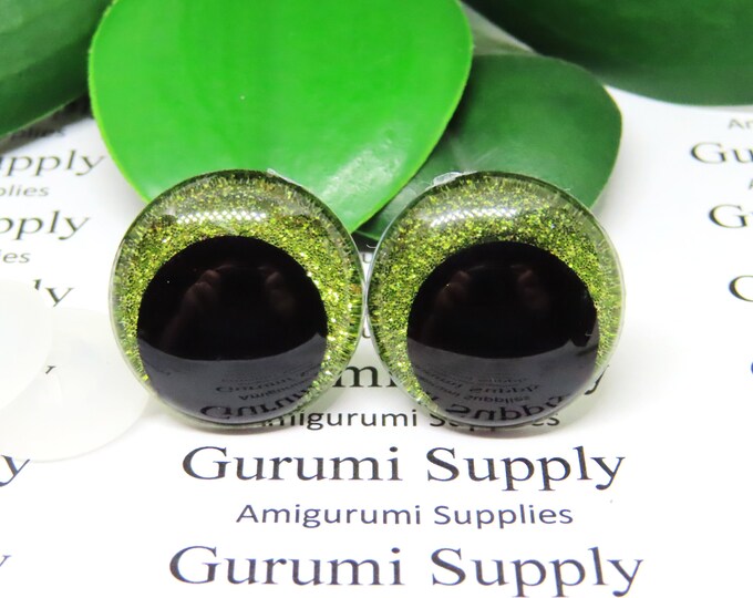 23mm Clear Safety Eyes with Yellow Green Glitter Non-Woven Slip Iris, Black OC Pupil and Washers: 1 Pair - Amigurumi / Off Center / Round