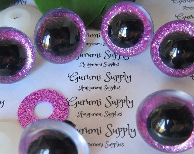 24mm Clear Round Safety Eyes with Hot Pink Glitter Non-Woven Slip Iris, Black Pupil and Washers: 1 Pair - Dolls / Amigurumi / Animals / Toys