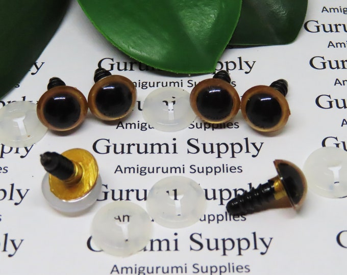 12mm Gold Iris Black Pupil Round Safety Eyes and Washers: 3 Pairs - Dolls / Toys / Amigurumi / Animals / Stuffed Creations / Handpainted