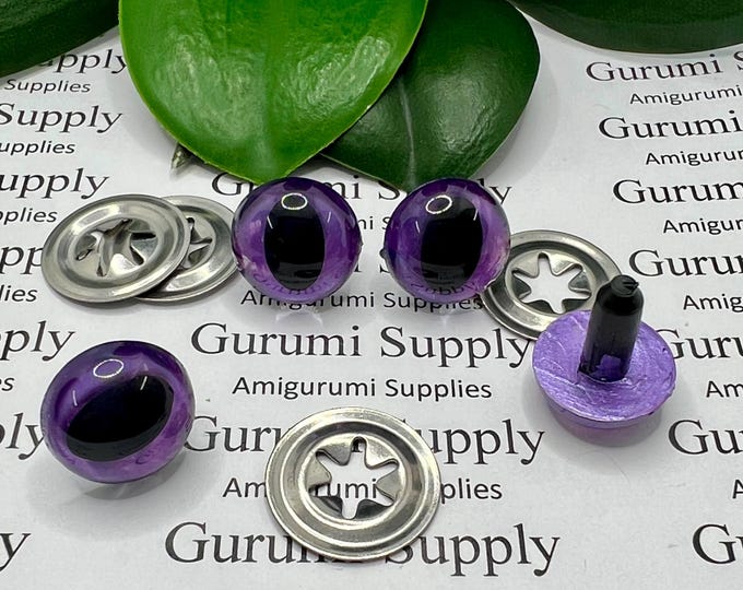 15mm Hand Painted Met. Purple Iris Black Pupil Cat Style Safety Eyes and Washers: 2 Pairs – Dragon / Amigurumi / Craft Supplies